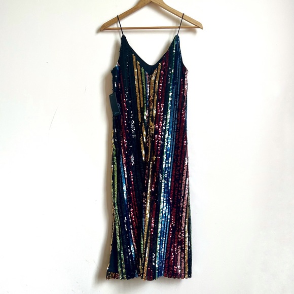 NWT Soprano Sleeveless Sequin Striped Midi Dress Multi Colored Size Small - Picture 2 of 10